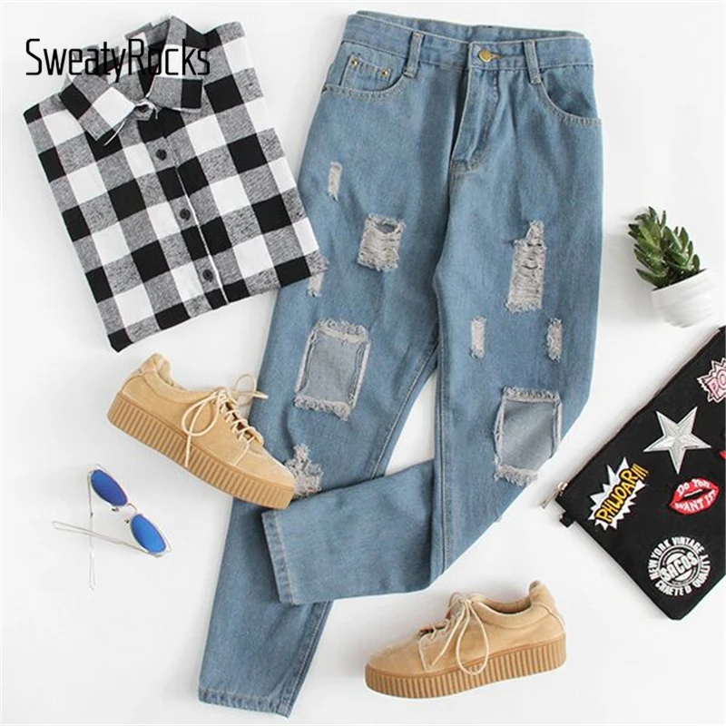 SweatyRocks, женские джинсы, рваные, средняя талия, на пуговицах, рваные, джинсовые, свободные штаны, женские, длина по щиколотку, брюки бойфренда