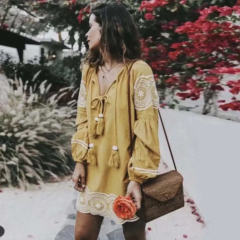Orang boho мини платье винтажное хлопковое с цветочной вышивкой шикарный фонарь с кисточкой с длинным рукавом Повседневные платья хиппи женское платье