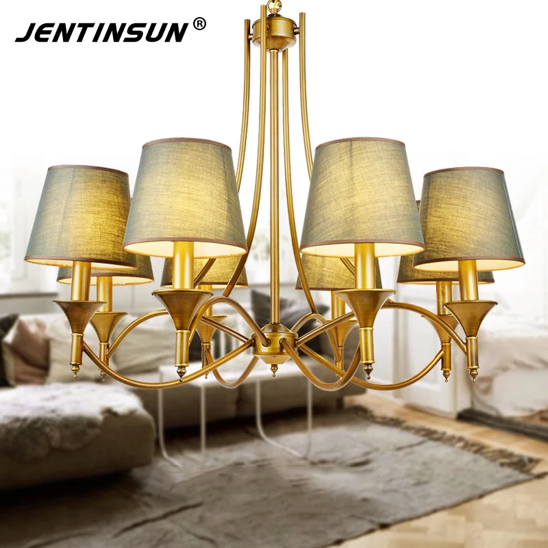 Новинка 2017 года ретро металл железо Люстры LED Ткань Абажур Висит Освещение Медь