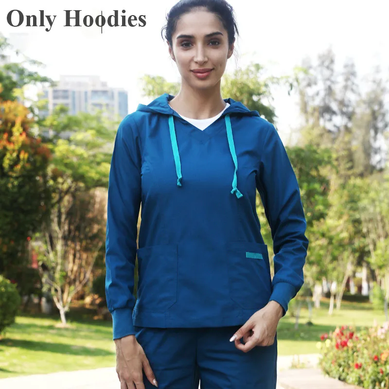 Lake Blue Medical Hoodies Nurse Top Uniform Warm Up Hospital Hoodies Sport 3 Colors Long Sleeve Doctor Tops Knitted Cuffs Infinity Tops - Цвет: Lake Blue