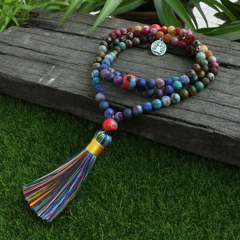 Ожерелье из матового огненного агата и китайских бусин 8 мм смешивание цветов