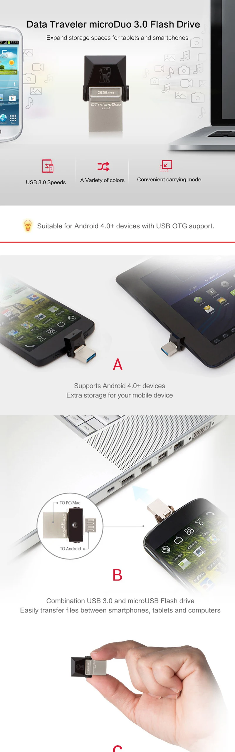 Kingston MINI USB флэш-накопитель 3,0 64 ГБ 32 ГБ 16 ГБ OTG Pem привод для смартфонов и планшетов MicroUSB флеш-карта памяти 2в1 флешка
