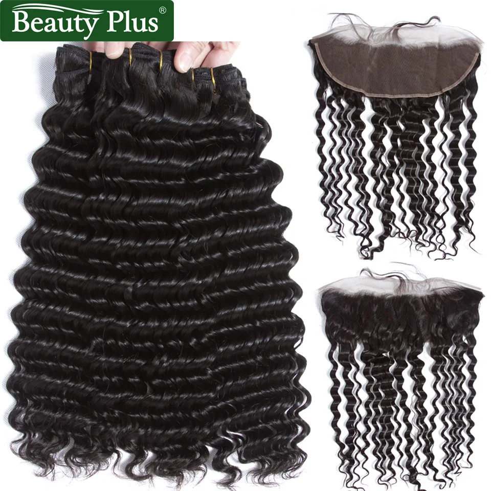 Глубокая волна 3 пучка с фронтальной натуральный черный Remy бразильские волосы