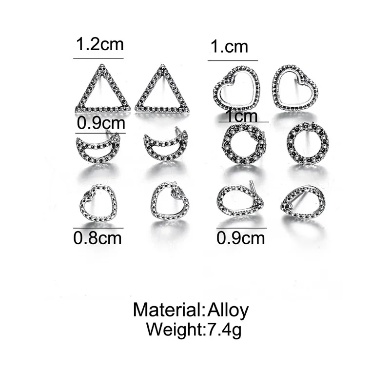 6 Пары/компл. Винтажные серьги гвоздики в виде Луны сердца треугольника