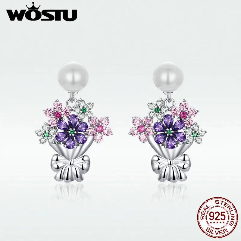 WOSTU большие красочные серьги 100% настоящие 925 пробы серебряные держащие цветы CZ