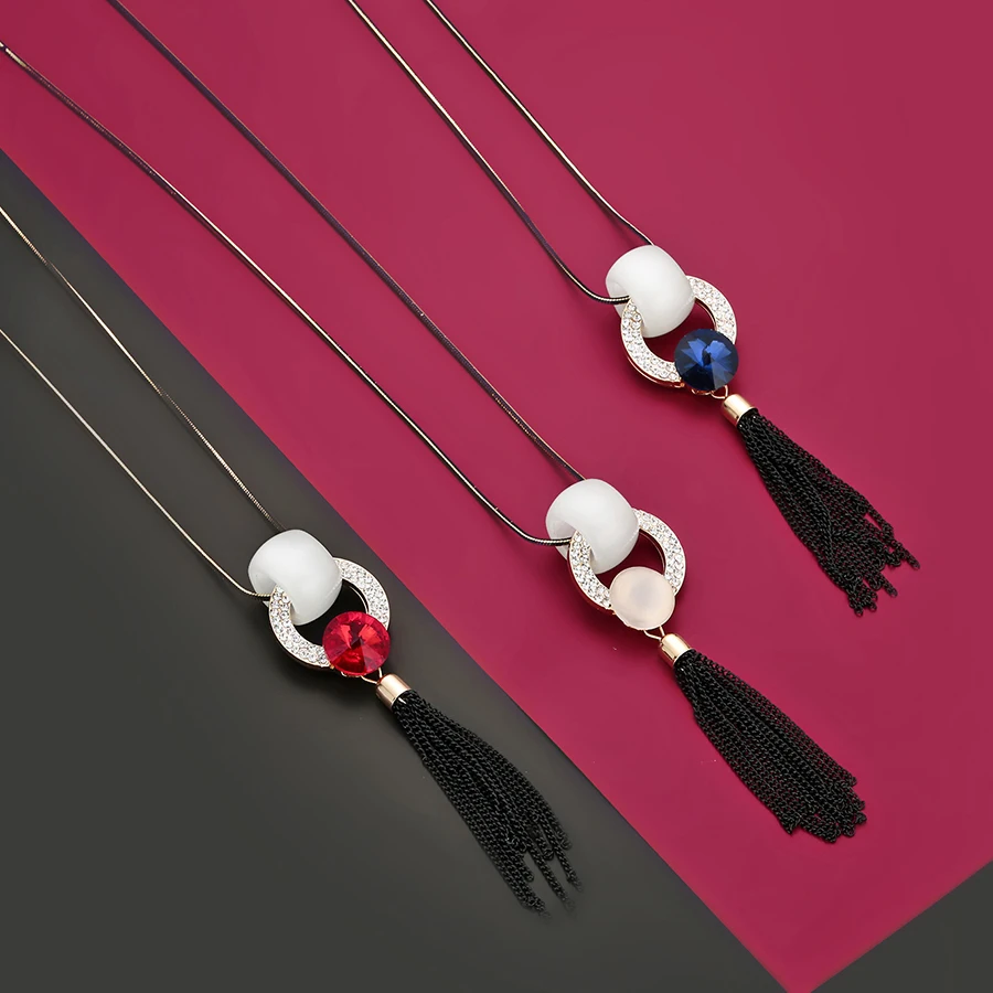 Женская цепочка с кисточками RAVIMOUR черная большим круглым опалом длинное