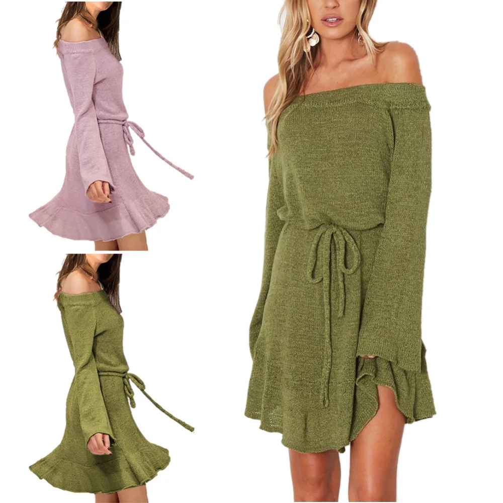 Осеннее сексуальное трикотажное платье с открытыми плечами и длинным рукавом