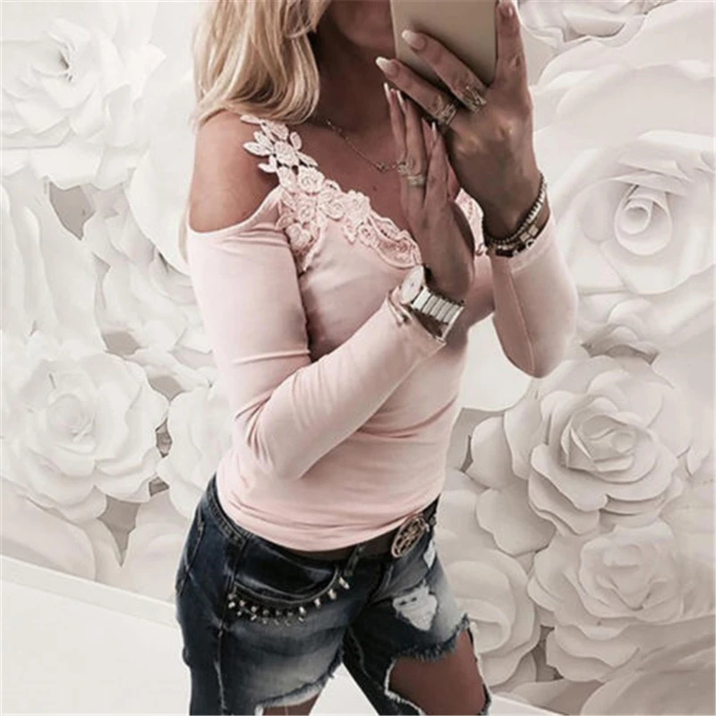 Женская Кружевная футболка Vogue летняя/Осенняя черная с длинным рукавом и