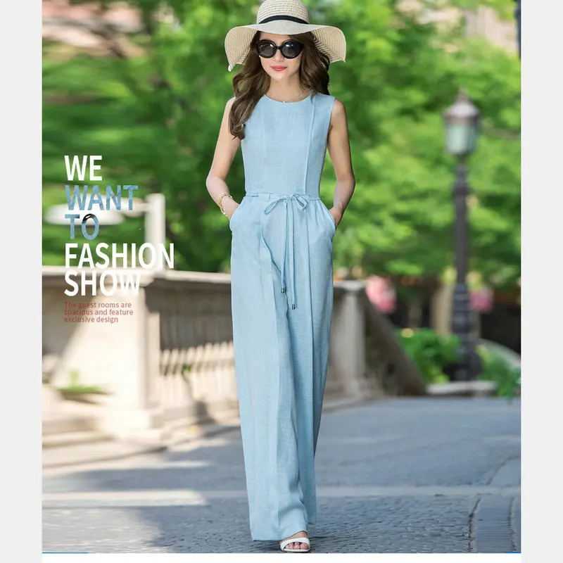 

Women's Jumpsuits Bule Sexy Full Length Jumpsuit Chiffon Straight Beach Playsuit Women Outfit 2017 New Sleeveless