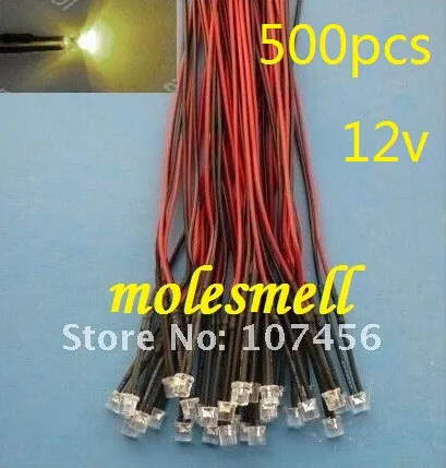 Free shipping 500pcs Flat Top warm white LED Lamp Light Set Pre-Wired 5mm 12V DC Wired 5mm 12v big/wide angle warm white led