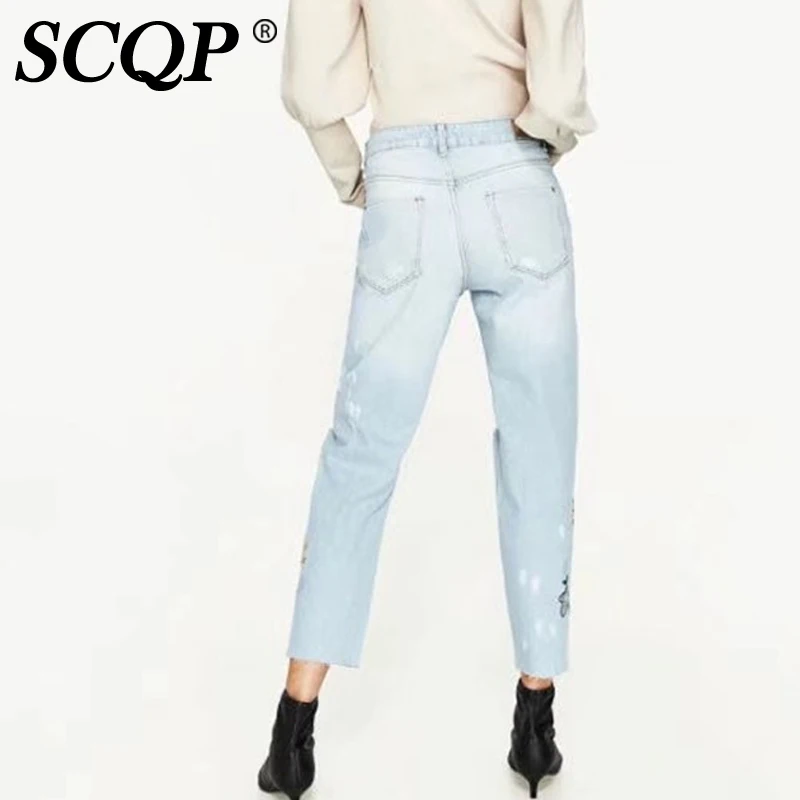 SCQP полые Цветочные Вышивка Broeken Женщина Высокая Талия карманы женщины рваные