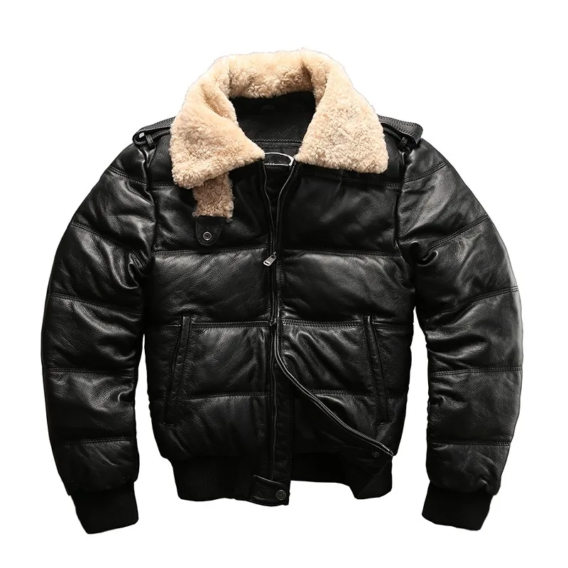 black jacket Куртка из натуральной кожи с воротником из овечьего меха для езды на мотоцикле, пуховик из натуральной кожи, Мужская зимняя модная Роскошная куртка для мужчин - Цвет: black jacket