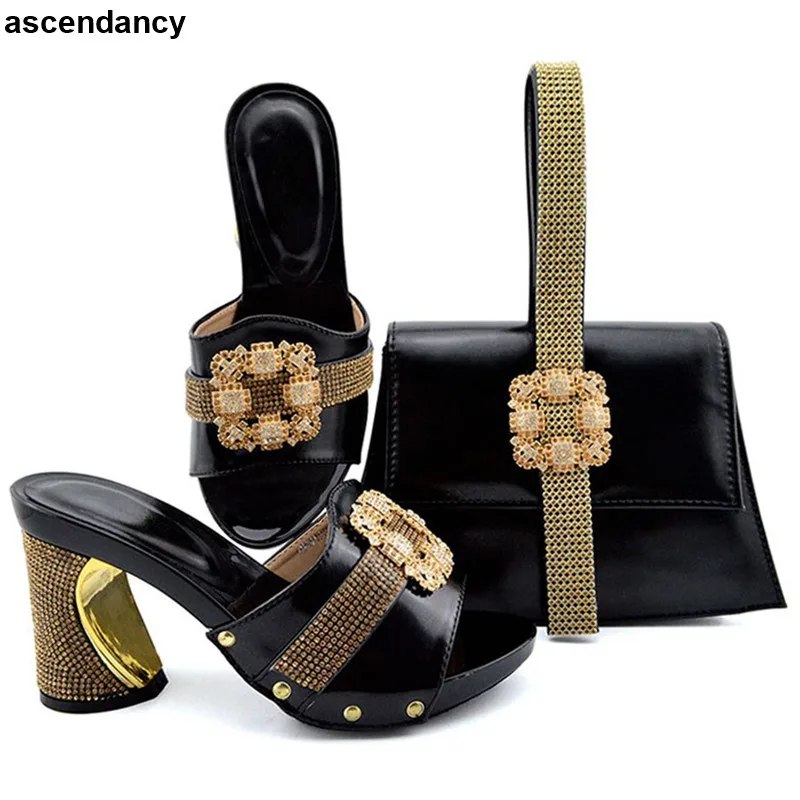 Latest African Wedding Italian Shoe and Bag Sets Decorated with Rhinestone Plus Size Shoes Women Heel Elegant Crystal | Обувь