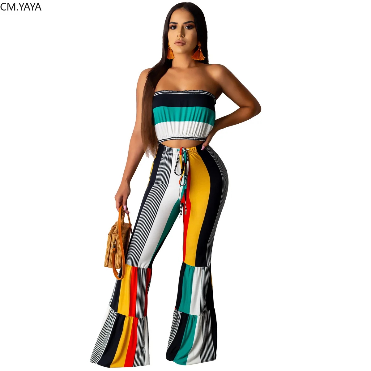 2019 женский летний Цветной полосатый топ без бретелей и расклешенные брюки костюм