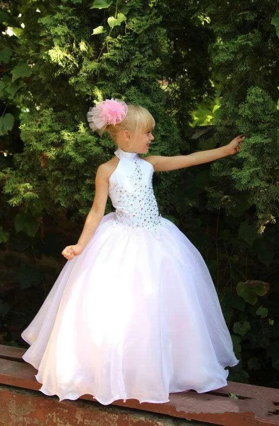 Cute Flower Girl Dresses For Weddings Ball Gown Halter Organza Beaded Crystal Long First Communion Dresses For Little Girls