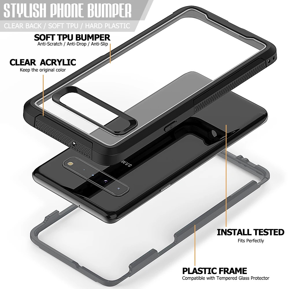 for Samsung Galaxy S10 5G Plus S10E Rugged Clear Case Full-Body Hybrid Bumper Cover Support Wireless Charging |