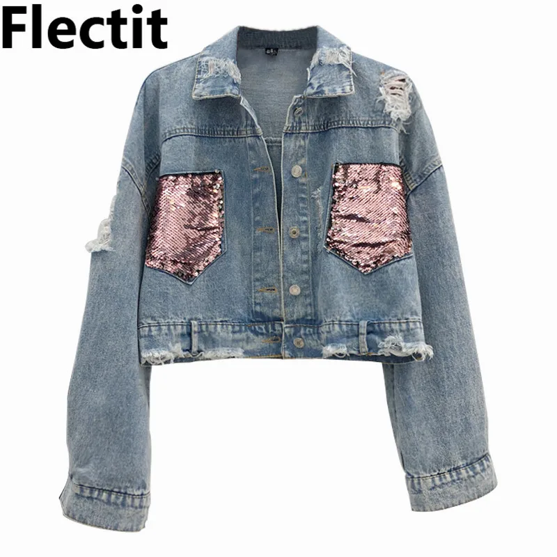 Женская джинсовая куртка Flectit винтажная укороченная с блестками и длинными