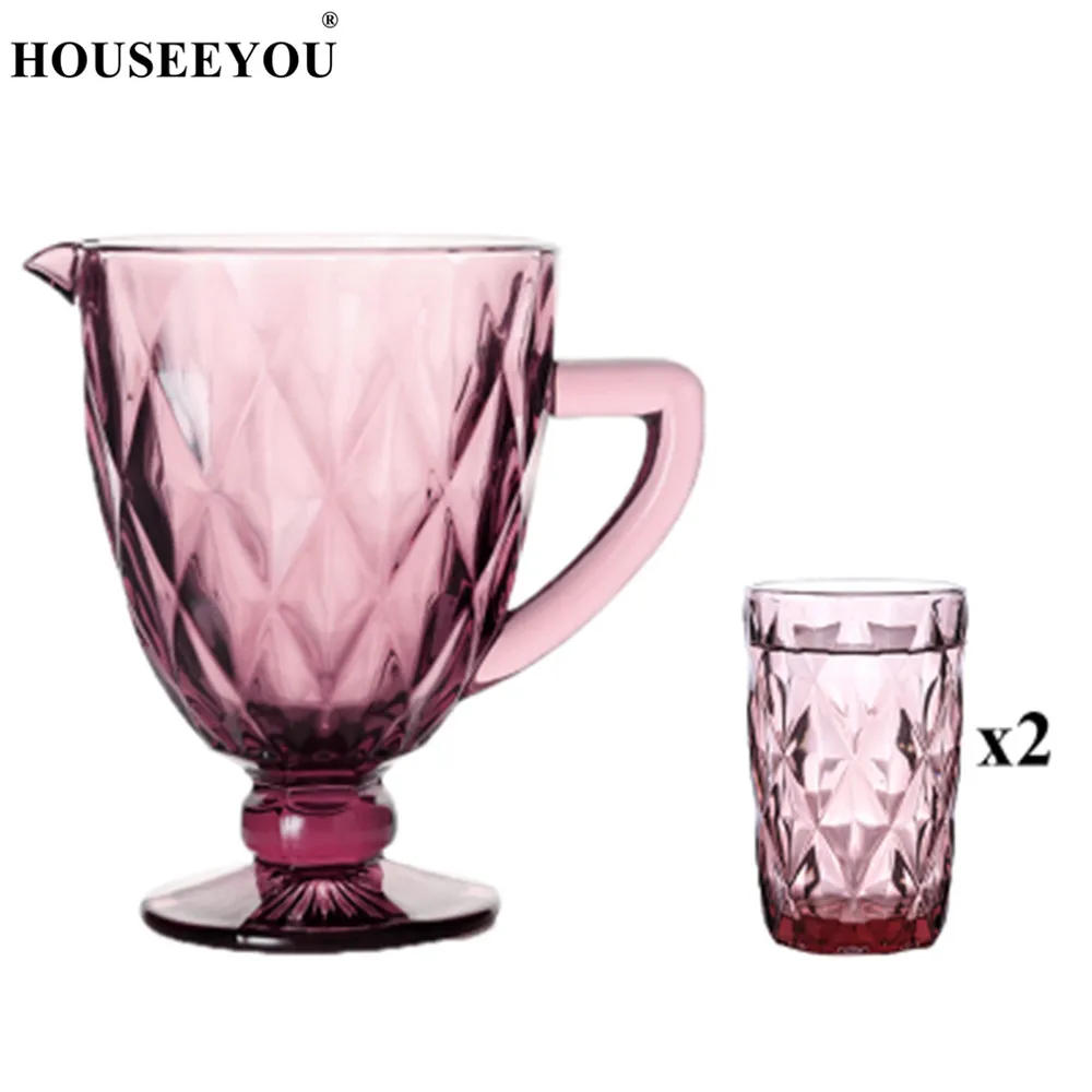 HOUSEEYOU 1 шт. кувшин для холодной воды+ 2 шт. резная стеклянная чашка Европейский ретро хрустальный дизайн стаканчик для воды и вина для питья Бар Ресторан инструменты - Цвет: Red Diamond