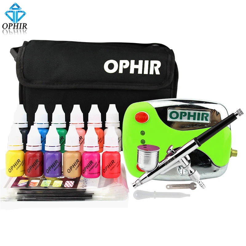 OPHIR 0.3mm Nail Art Airbrush Kit with Air Compressor 12 Color Inks 20 Airbrushing Stencils & Bag & Cleaning Brush Nail Tool Set