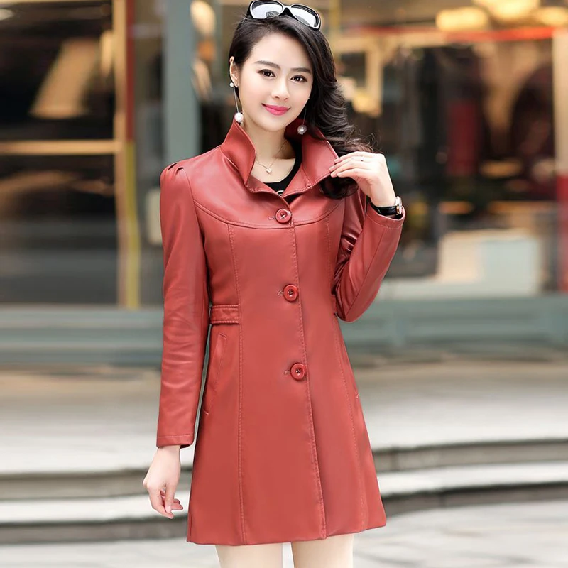 Женская Длинная кожаная куртка Повседневная однотонная ветровка большого