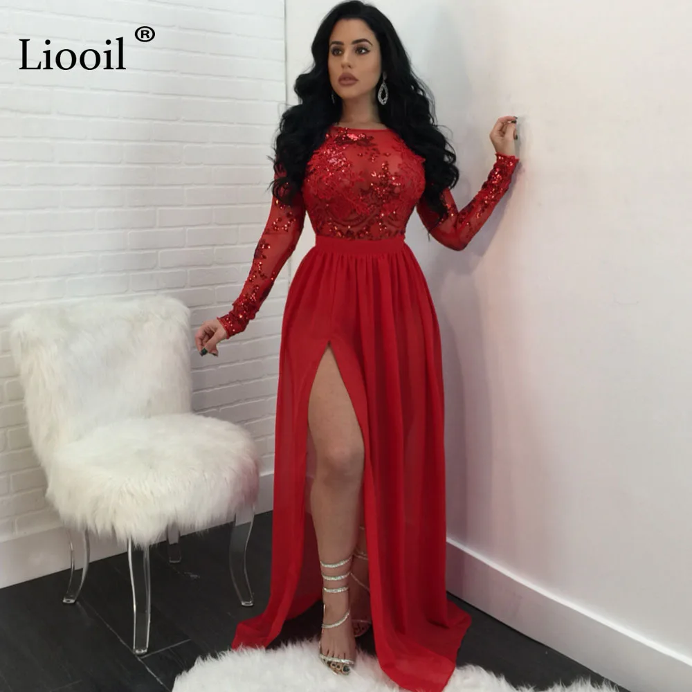 Liooil вечернее платье с блестками сексуальные с сеточкой в стиле петчворк прозрачное длинное платье с открытой спиной и длинным рукавом с открытой спиной синие красные длинные платья