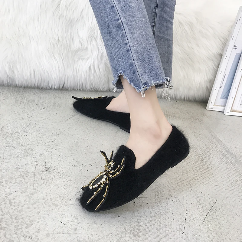 Кристалл паук мягкое дно меховые Мокасины новая зимняя обувь на плоской подошве