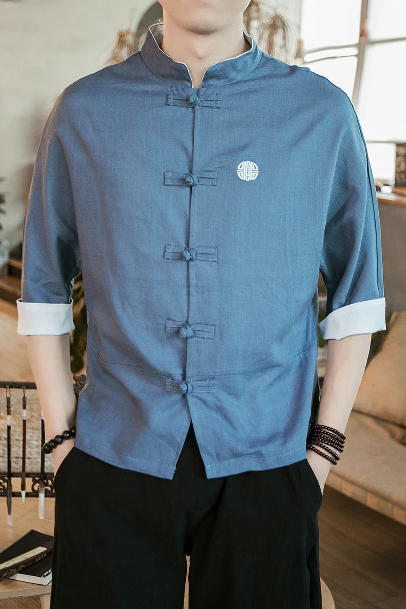 Мужская льняная рубашка MRDONOO в китайском стиле летняя из хлопка и льна с