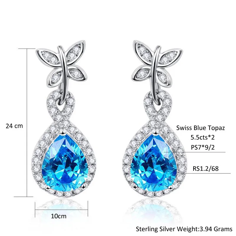 925 стерлингов Серебряные ювелирные изделия бабочка украшения 5.5ct Груша Cut голубой топаз серьги падения для Для женщин шкатулка