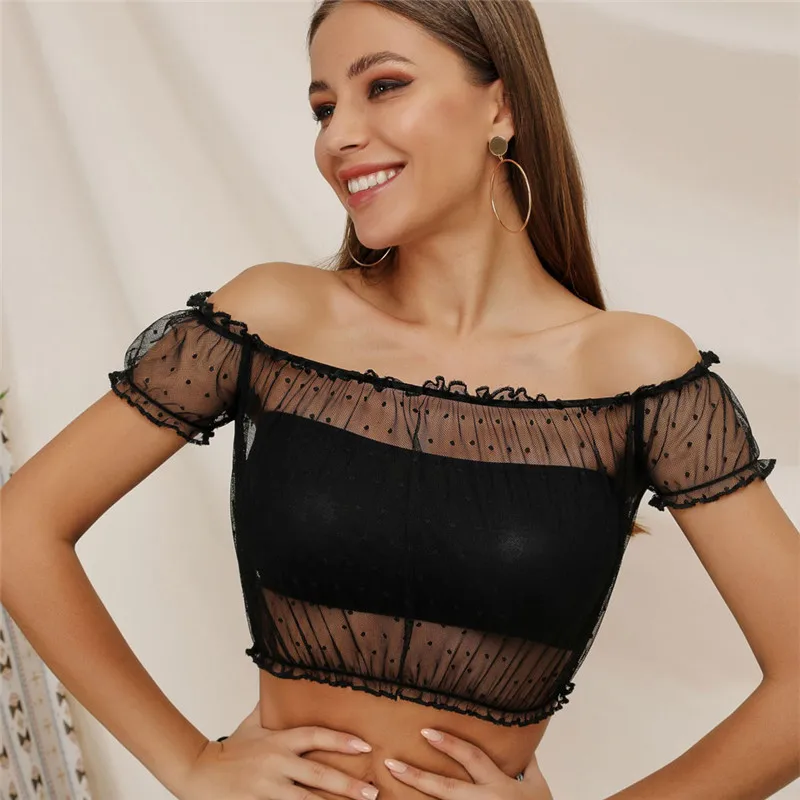 Летняя женская футболка с коротким рукавом Черная кружевная плиссированная кроп