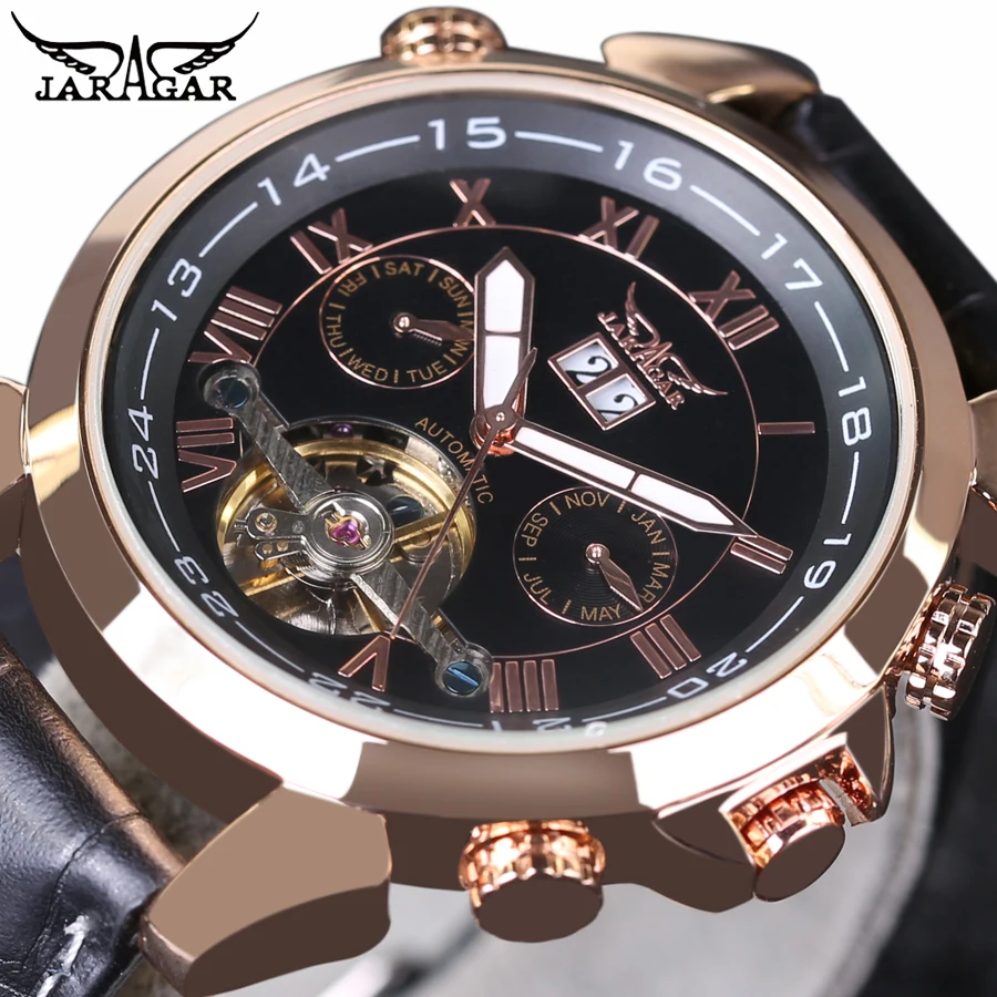 Часы Jaragar Мужские с 2 циферблатами классический дизайн турбийон черный кожаный