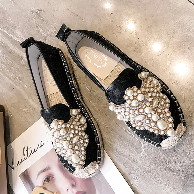 Туфли на плоской подошве без застежки Рыбацкие туфли с жемчужинами и стразами