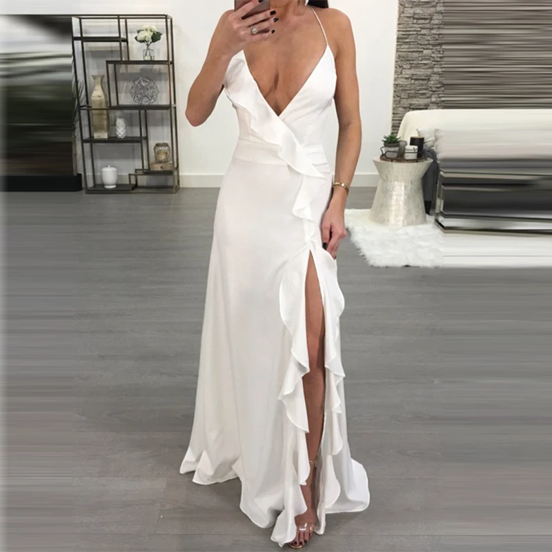 DRESSMECB, сексуальное летнее платье с оборками, женское платье с высокой талией и глубоким v-образным вырезом, платья с открытой спиной на бретелях, однотонное платье, Vestidos Verano