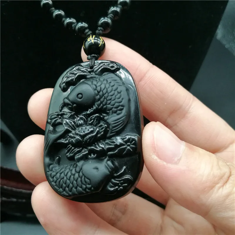 Прямая поставка тонкая резьба обсидиан две рыбы и Лотос черная подвеска мужские