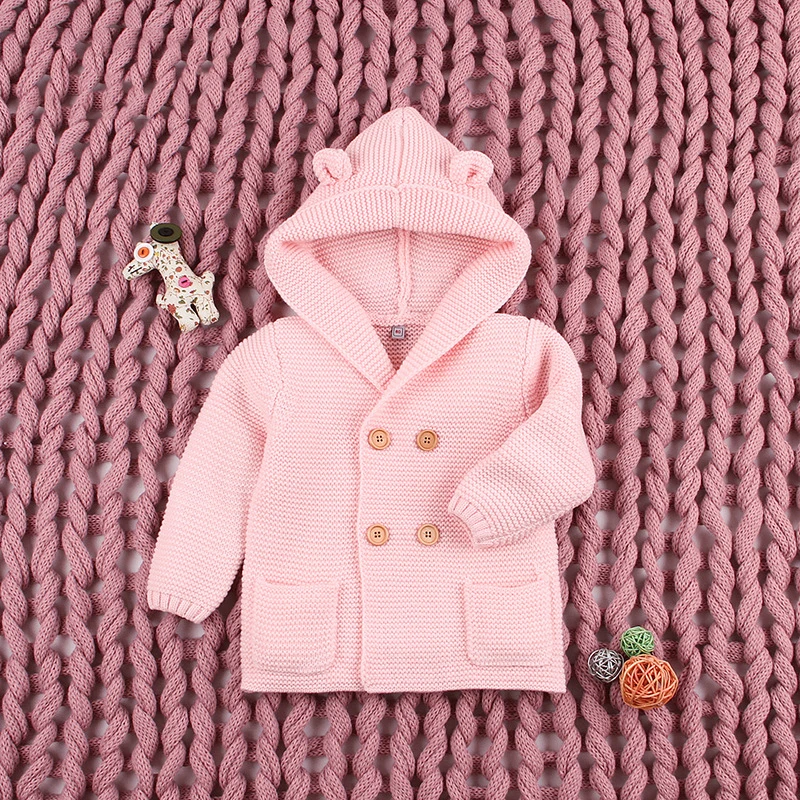pink 2 Зимний свитер с капюшоном для малышей, вязаная верхняя одежда с меховым воротником для новорожденных, кардиган для маленьких мальчиков и девочек, рождественские свитера - Цвет: pink 2