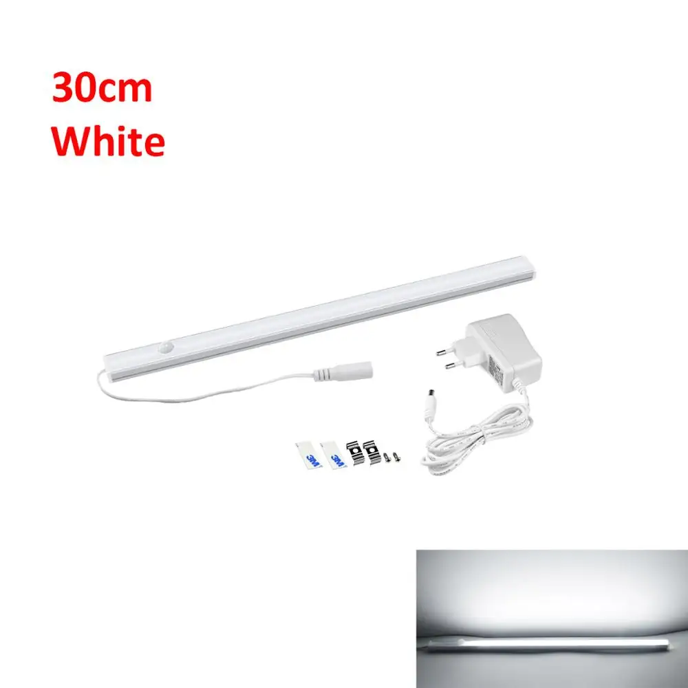 30CM White Кухонный Светильник с датчиком движения PIR, Детектор управления, автоматическое включение, выключение 12 В, светодиодный светильник для шкафа, жесткого бара, светильник+ 220 В, штепсельная вилка европейского стандарта - Цвет: 30CM White