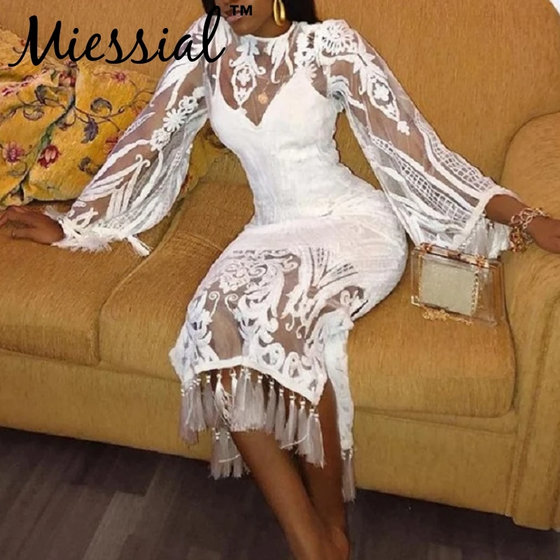 Женское кружевное платье Miessial Осеннее винтажное с длинным рукавом и кисточками