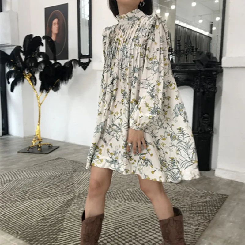 DEAT2020 summer new fashion clothes Vintage Turtleneck High quality printing Ruffles loose dress Casual feminina dresses QJ224 | Женская