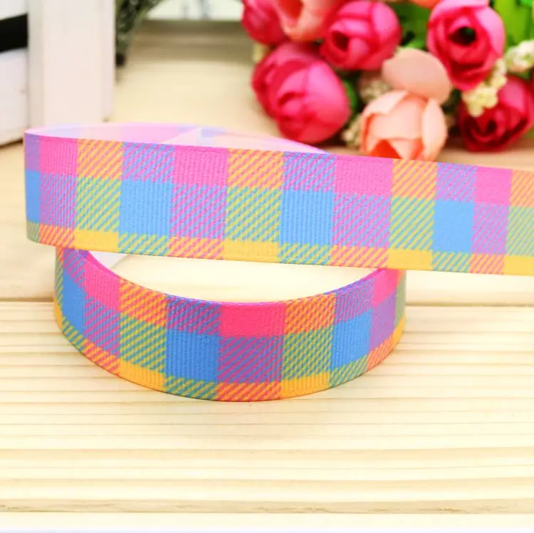

7/8'' Free shipping plaid printed grosgrain ribbon hair bow headwear party decoration wholesale OEM 22mm H4569