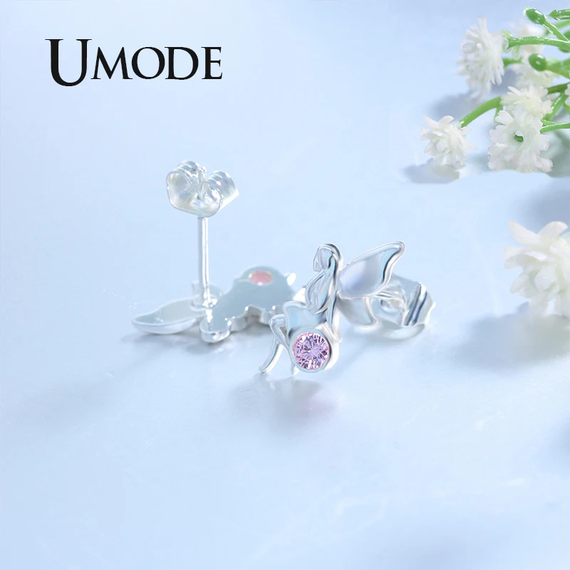 UMODE серебряная шпилька Ангел Серьги для Для женщин милый маленький эльф женские серьги Модные украшения корейский розовый Подвеска со стразами UE0567