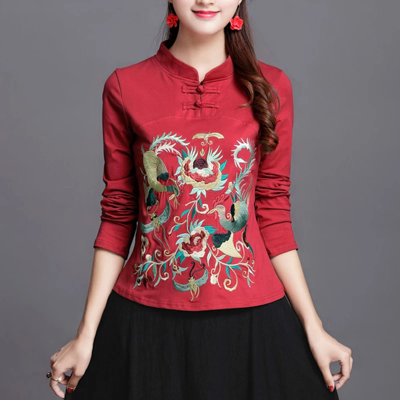 

Chinese Ethnic Embroidery Long sleeve T shirt Women Elegant Stand collar Plus size 95% Cotton Bottoming Tee Shirts Ladies Tops