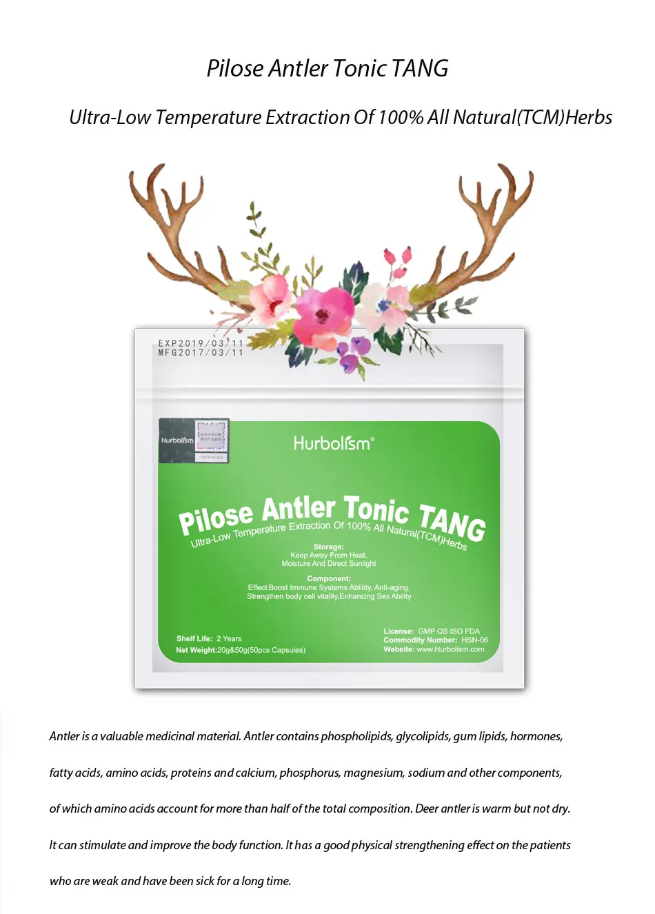 Hurbolism натуральная травяная формула Pilose Velvet Antler Extract Powder Tonic Tang. Отличные тонизирующие свойства. Снова стать сильным
