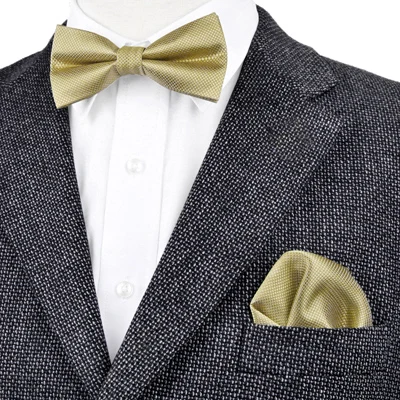F15-2 BowTie Set Твердый проверенный Золотой Желтый кремовый мужской предварительно завязанный Галстук-бабочка для смокинга носовой платок шелк Регулируемый торговля Повседневный свадебный - Цвет: F15-2 BowTie Set