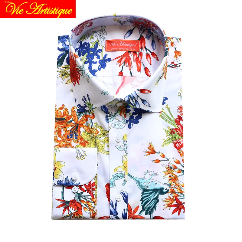 

white cotton floral shirt men's dress shirts casual clothes 2018 long sleeve regular fit Hawaiian boho bohemian tailored MTM VA
