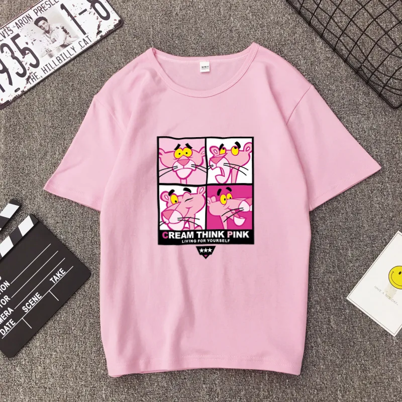 Harajuku Ulzzang летняя футболка с изображением милой розовой Пантеры, свободная Брендовая женская футболка с коротким рукавом