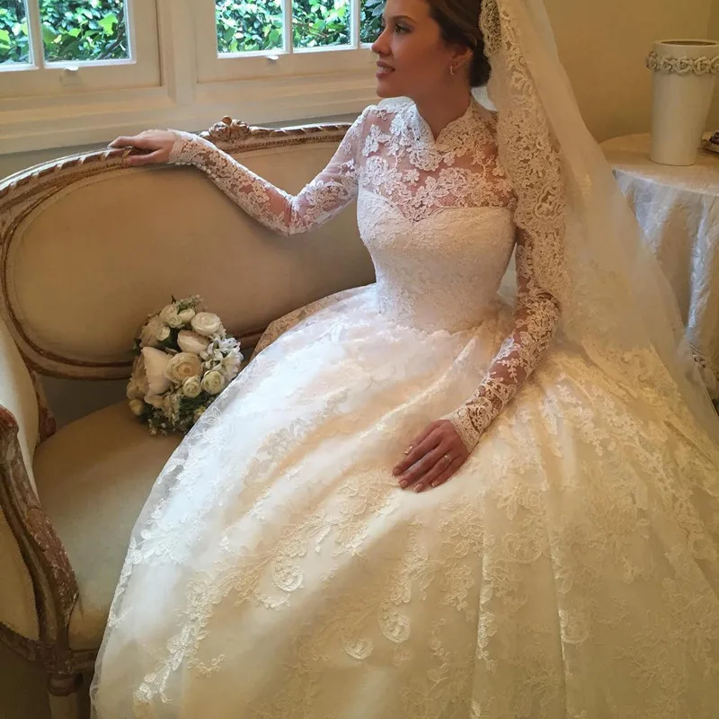 Luxurious High Neck Lace Wedding Dresses with Long Sleeves Button Back Sweep Train Bridal Gowns Quality | Свадьбы и торжества