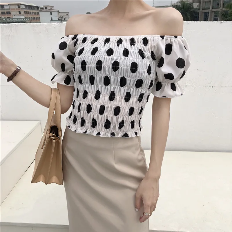 

Blusas Mujer De Moda Women Shirts Moda Feminina Brand Summer Fashion Chic White Black Dot Female Blouses Crop Top Vetement Femme