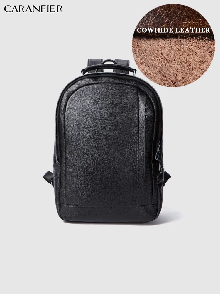 CARANFIER Mens Backpacks Genuine Cowhide Leather Vintage Laptop Travel Knapsack Zipper Large Capacity Waterproof Solid Bookbags
