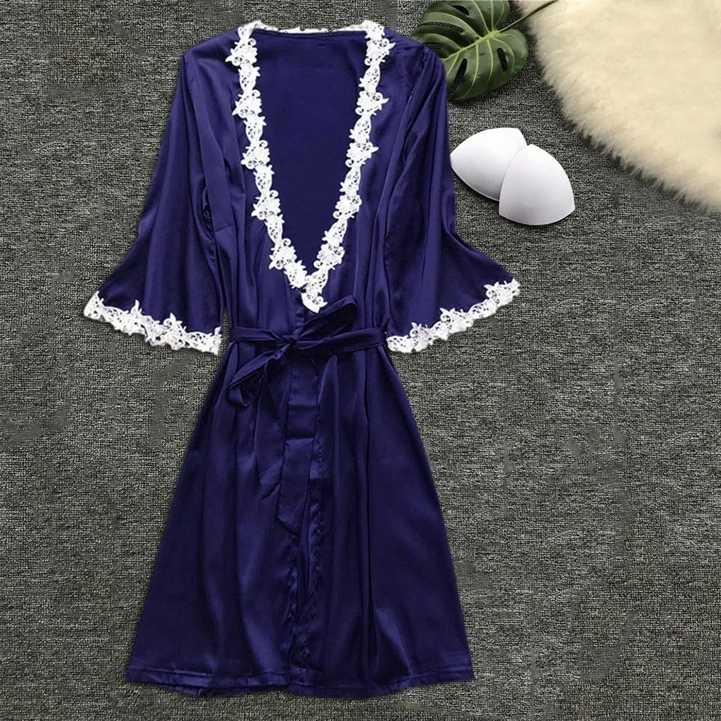 Dark Blue Женская атласная шелковая пижама, женский кружевной халат, пижама, женский кружевной халат, женские халаты, женская сексуальная ночная рубашка - Цвет: Dark Blue