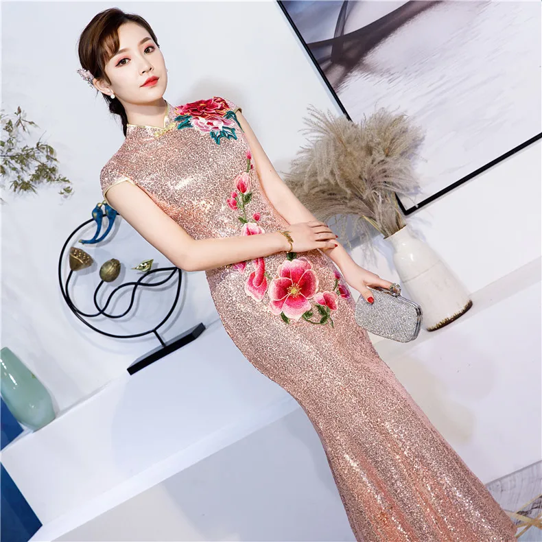 Светильник голубое платье Cheongsam Восточный для женщин Свадебные короткий рукав