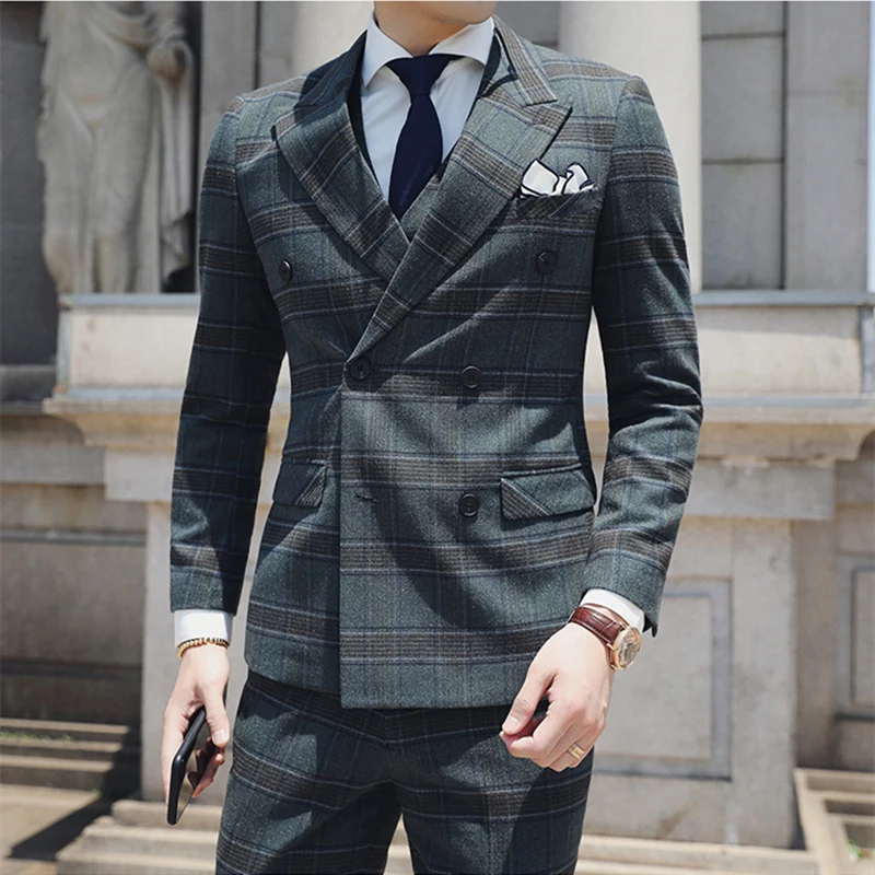 Темно-зеленый костюм мужской свадебный 3 предмета Terno Masculino классический мужской Клетчатый костюм мужские в английском стиле двойные приталенные пиджаки Q667